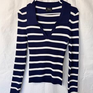 Milk & Honey Navy & White Striped Ribbed Polo Sweater